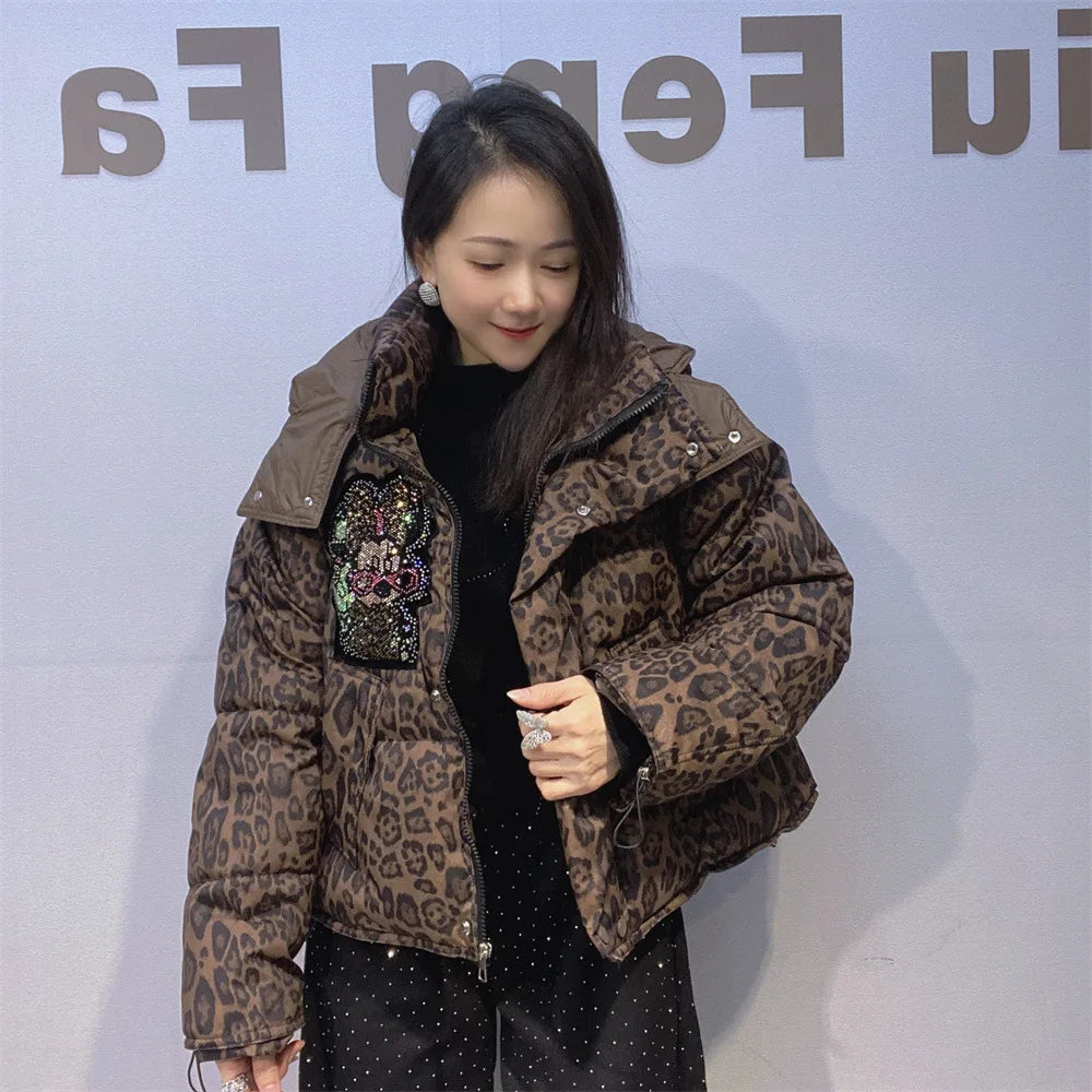 Leopard Rhinestone Hip-Hop Minnie Mouse Print Women's Quilted Cotton Down Hooded Jacket