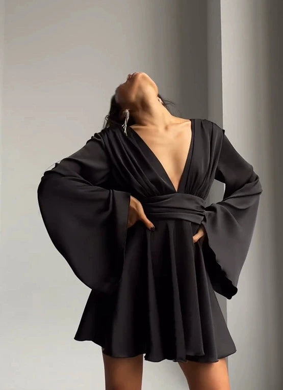 Satin Flared Sleeve Deep V-Neck Formal Mini Dress