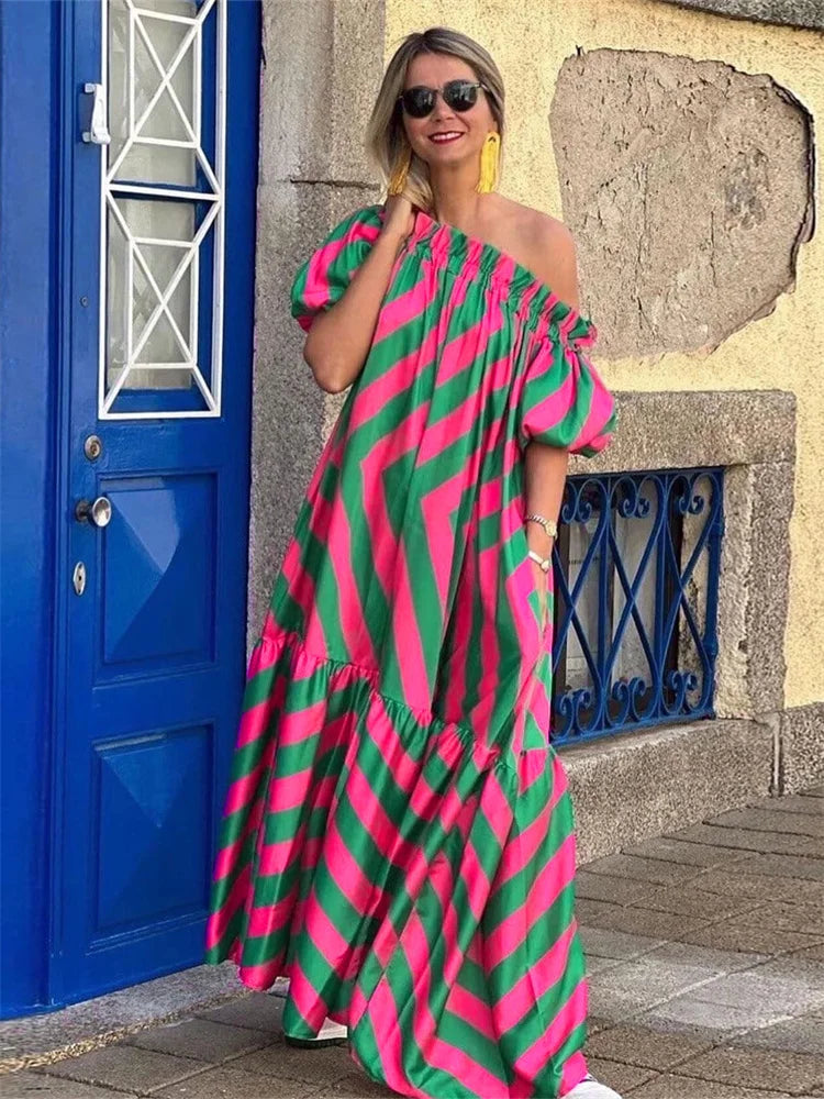 Oversized Striped Off-the-Shoulder Plus Size Bohemian Print Short Sleeve Loose Ruffled Hem Maxi Dress