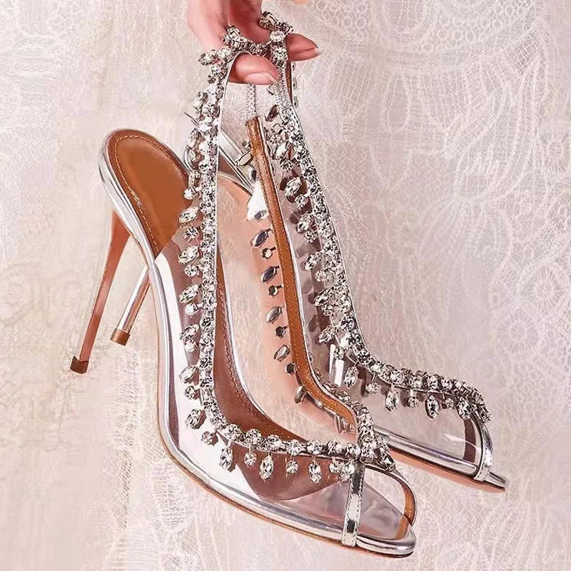 PVC Transparent Rhinestone Chain Detail Fish Mouth Transparent Stiletto Heel Slingback Formal Bridal/Party Pumps