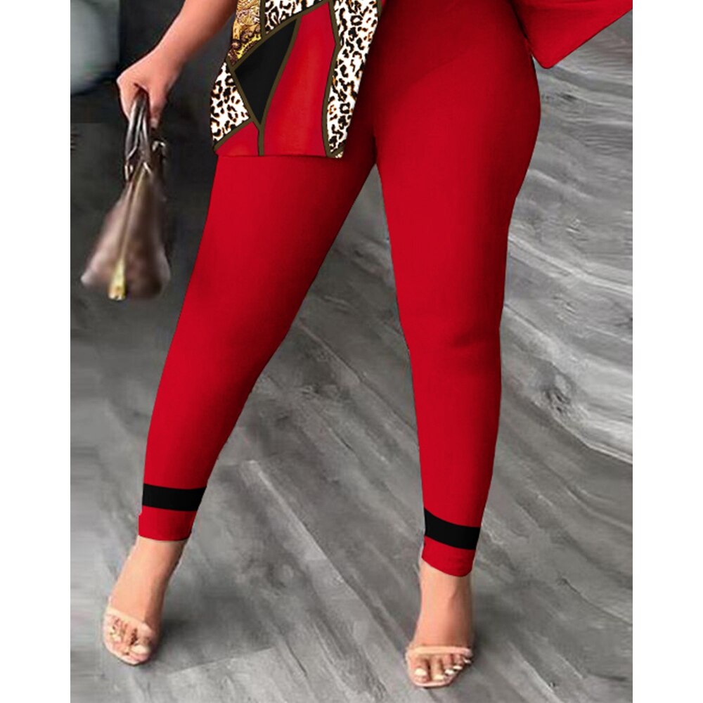 Leopard Print Split Hem Skew Neck Top & Pants 2-Piece Set