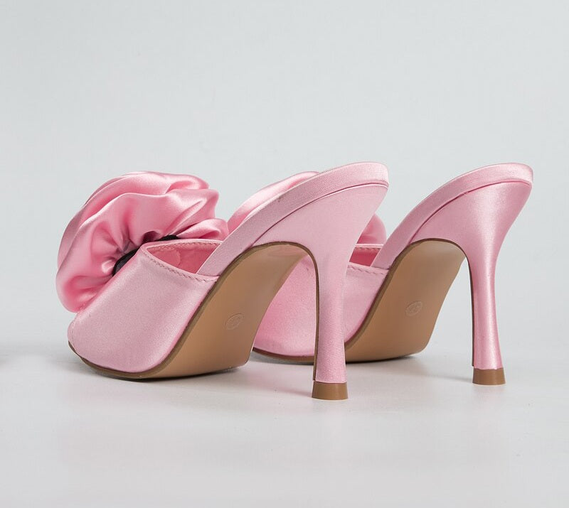 Oversized Silk Rose Design Peep Toe Slip-On Mule High Heel Sandal Pumps