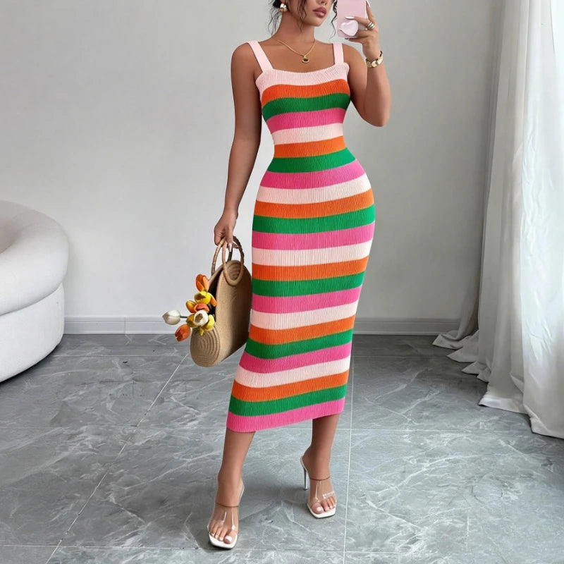 Rainbow Striped Ribbed Sleeveless Knitted Bodycon Maxi Dress