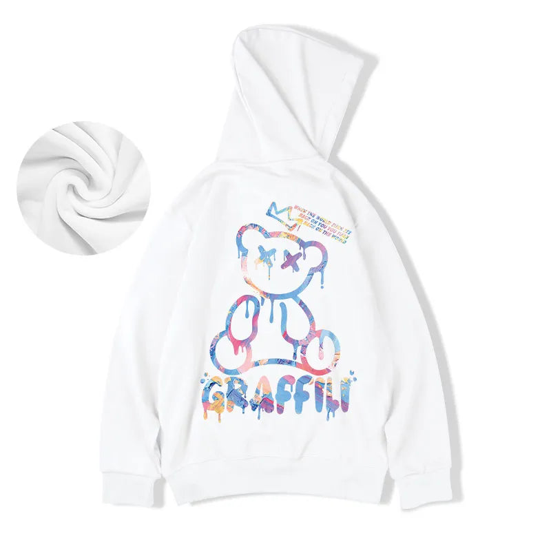 "Graffiti" Bear Print Men's Fleece Hoodie Retro Pullover Hip-Hop Hoodie Sweatshirts