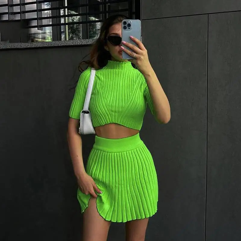 Ribbed Knitted Solid Color Short Sleeve Crop Top + Pleated Mini Skirt 2-Piece Set