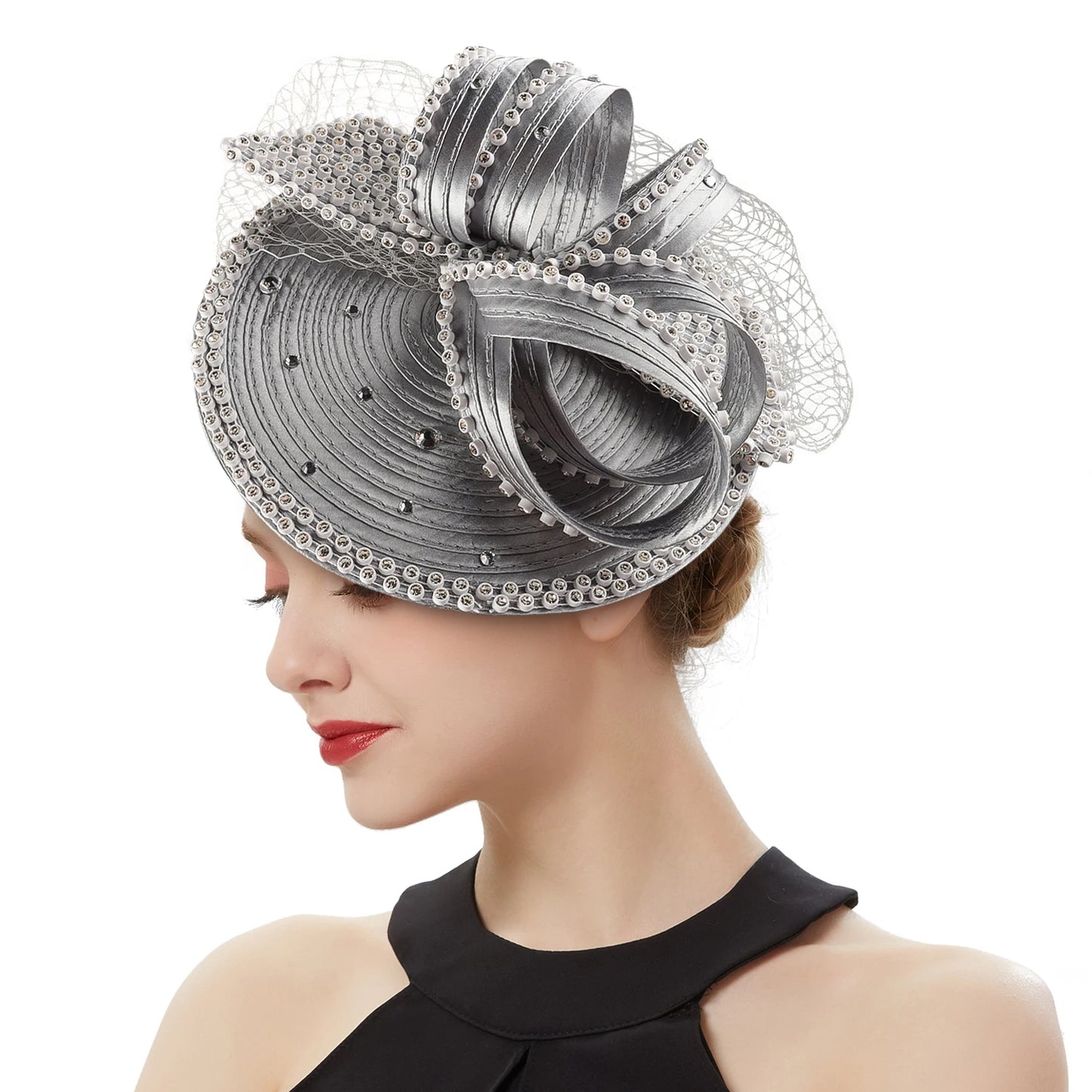 Satin Rhinestone Big Bow Detail Slanted Women's Church/Bridal/Derby Fedora Hat