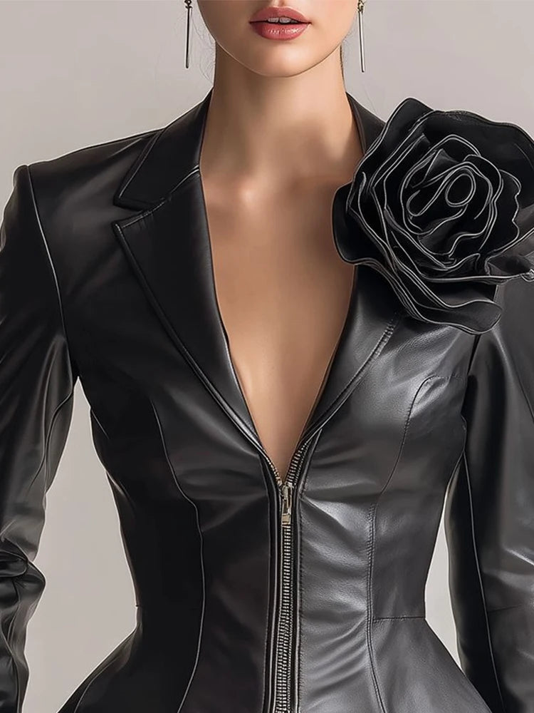 3D Flower Women PU Leather Jacket Autumn Winter Fashion Long Sleeve Lapel Collar Zipper Cropped Coats Slim Fit Streetwear Blazer