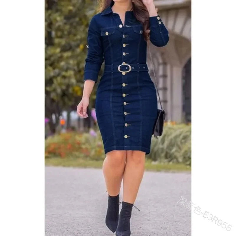 Denim Button Up Single Breasted Long-Sleeved Goddess Midi Dress