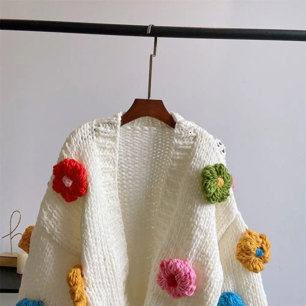 White Wool Crochet Big Flower Embroidered Design Women's Cardigan Sweater
