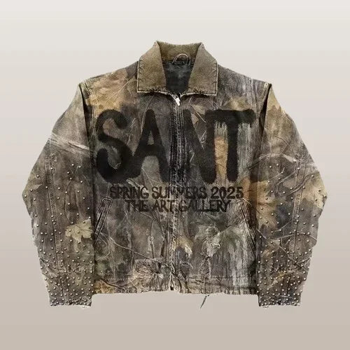 Men's Hip-Hop Leather/Denim Vintage Camo/Sequin Letter # Embroidered/ Oversized Turn-Down Collar Biker Motorcycle Jackets