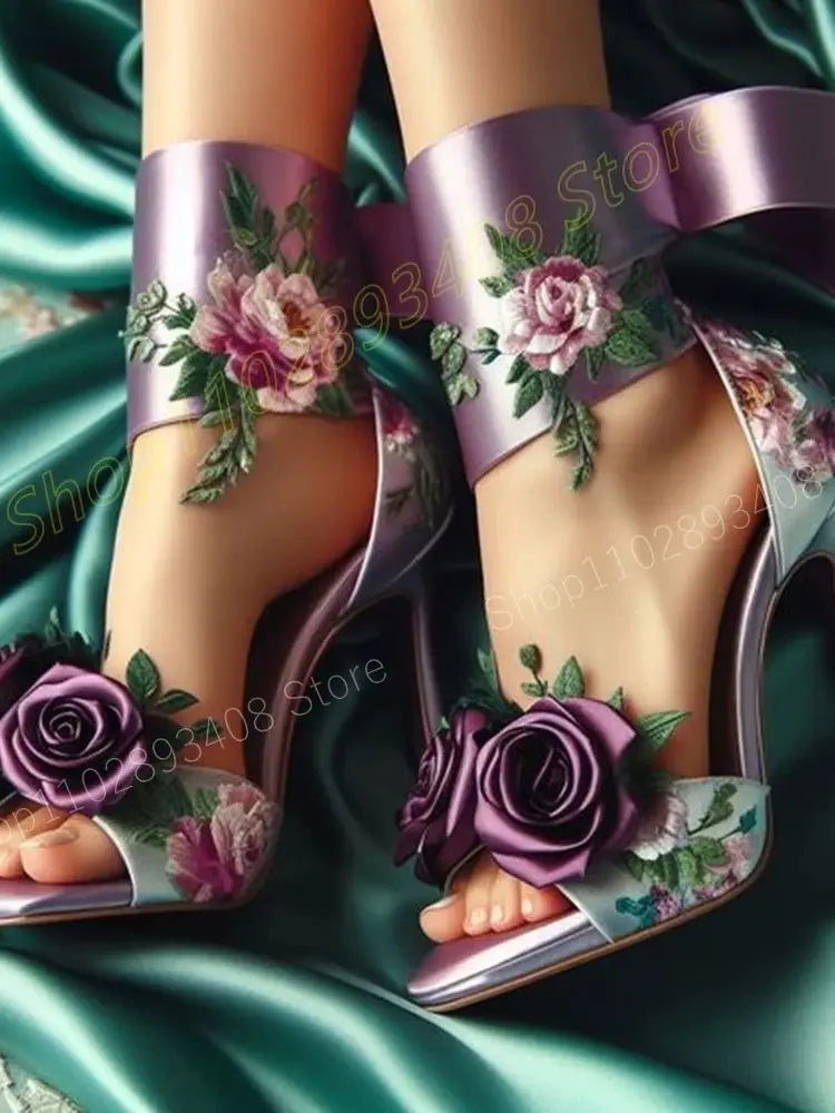 Purple Satin Rose Flower Open Toe Stiletto High Heel Formal Bridal Party Sandal Pumps