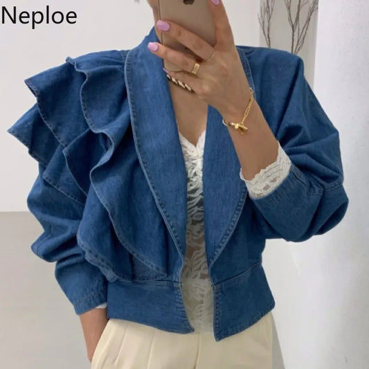 Cropped Denim Vintage Turn-Down Collar Puff Sleeve Ruffled Blazer