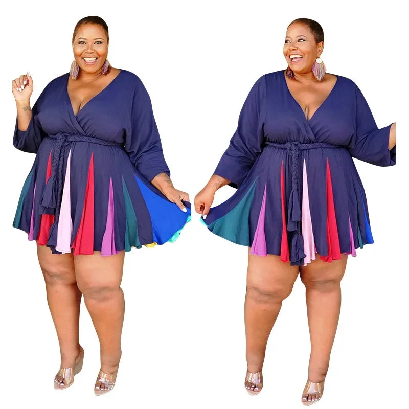 Geometric Multi-Colored Print Long Sleeve Bodycon  Pleated V-Neck Mini Dress w/Sash Belt to 5X Plus Size