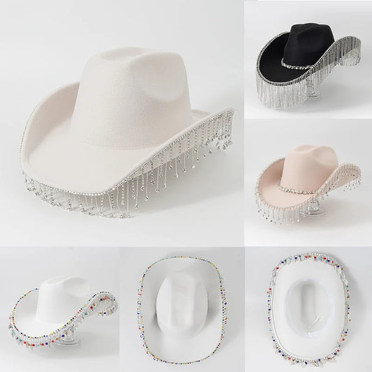 Western Wool Fluorescent Rhinestone Fringe Tassel Detail Cowgirl Fedora Hats