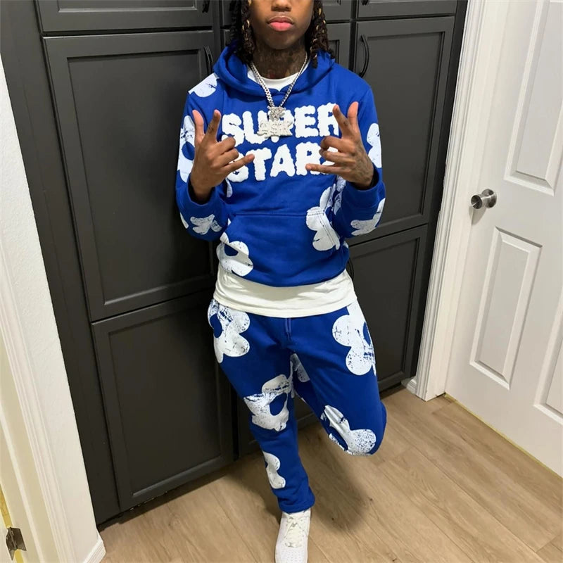 Men's "SUPERSTAR" Letter Print Big Flower Design Hoodie Sweatshirt + Drawstring Sweatants Hip-Hop Tracksuit