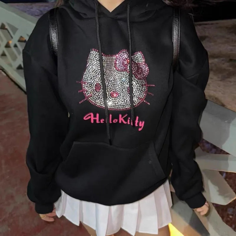 "Hello Kitty" Diamond Rhinestone Sparkling Pattern Hoodie Sweatshirt