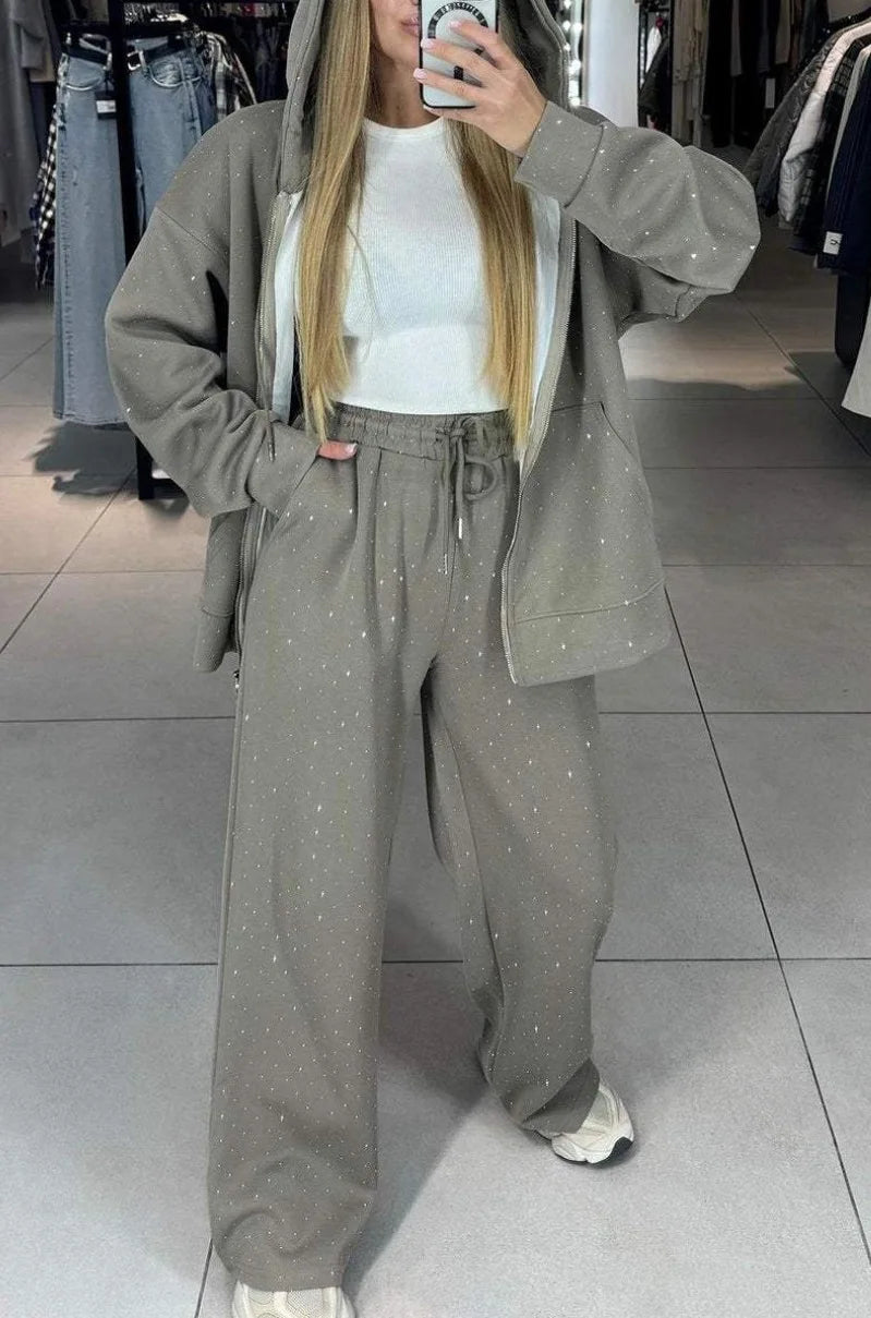 Sequin Polka Dot Embellished Women's Hoodie Sweatshirt + Wide Leg Sweatpants Tracksuit