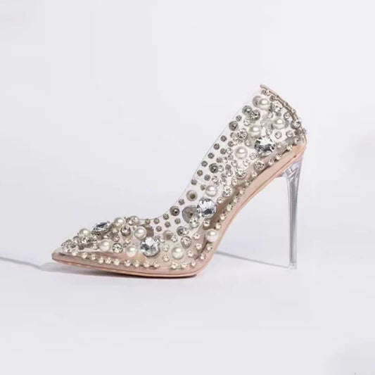 Embellished Rhinestone Diamond Pearl PVC Transparent Metallic Stiletto Heel Pointed Toe Pumps