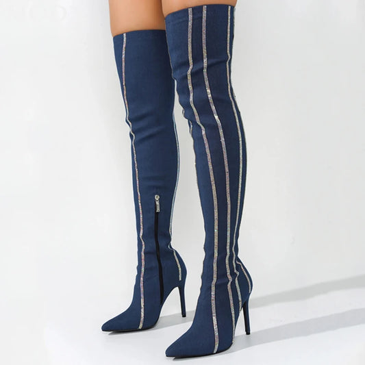 Striped Denim Over-the-knee Glitter Crystal Embellished Pointed Toe Stiletto Heel Jean Boots