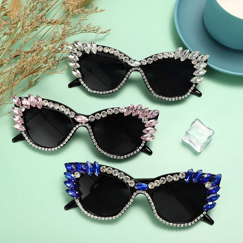 Cat-Eye Embellished Rhinestone Diamond Crystal Baguette Oversized Women's Sunglasses