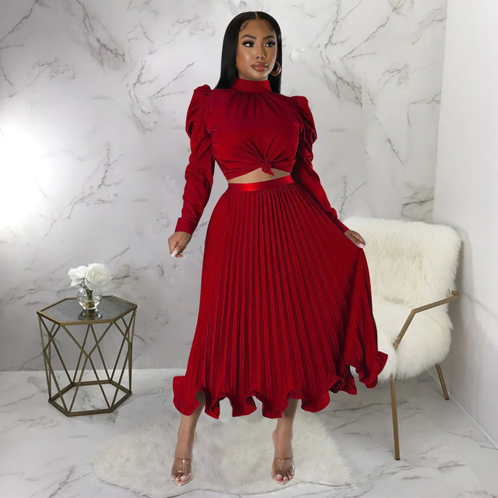 Women’s Solid Color O-Neck Lantern Sleeve Blouse + A-Line Flounce Formal Pleated Maxi Skirt w/ Sash Belt 2-Piece Set