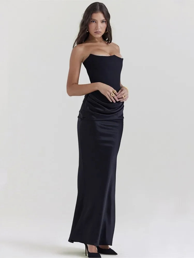 Black Satin Pleated Strapless Off-the-Shoulder Pleated Tube Maxi Formal Party Dress