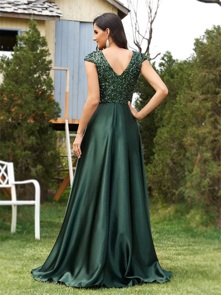 Green Sequin Sleeveless V-Neck Evening Party/Prom Formal Floor-Length Dress