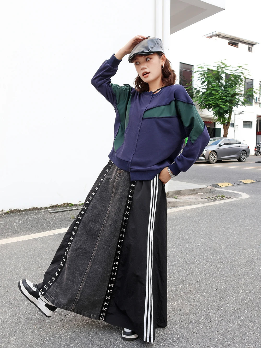 240939 European American Personalized Buttons Woman A-E Skirt Loose Plus Size Patchwork Denim Long Skirts Faldas Mujer Saias