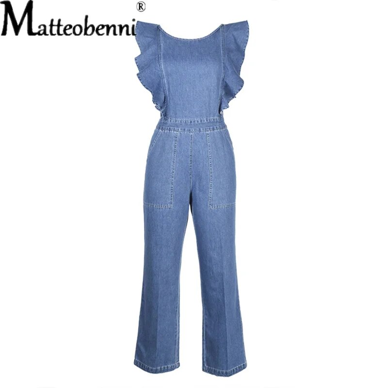 Sleeveless Ruffled Design Backless Denim Romper Jumpsuit