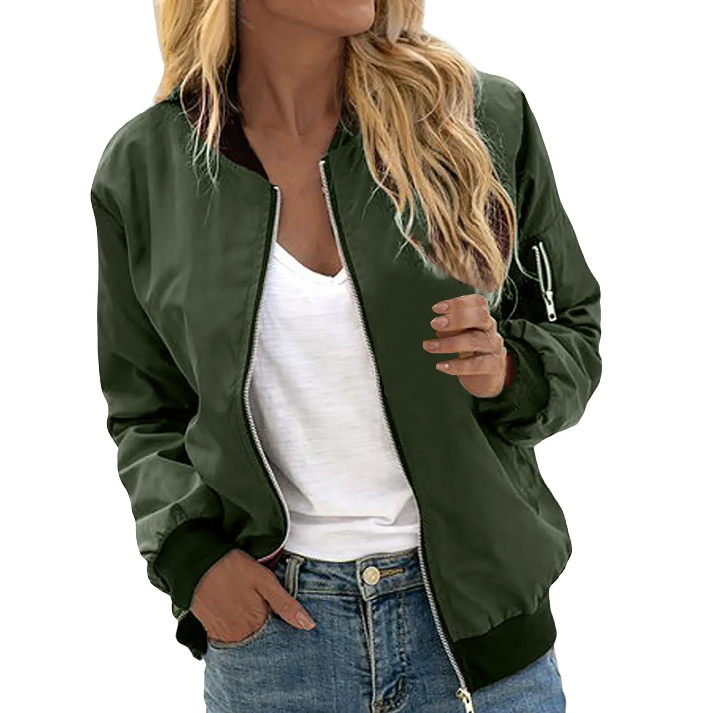 Mandarin Collar Women's Zipper Cargo Pocket Sleeve Design Bomber Jacket
