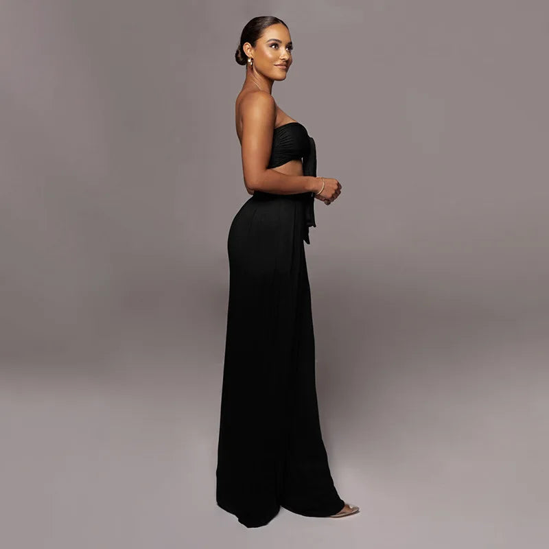 Sleeveless Bowknot Design Tube Top+ Wide Leg Pants Women's Solid Color 2-Piece Set
