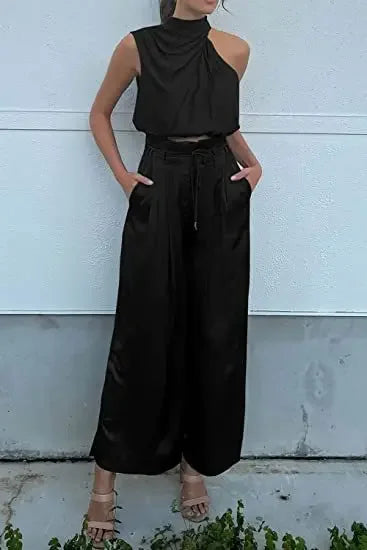 Sleeveless Turtleneck Ruched Crop Top + Bell Bottom Wide Leg Women's Pants 2-Piece Set