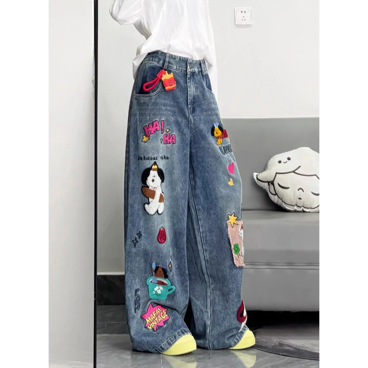 Cartoon Embroidered Hip-Hop Streetwear Women's Wide Leg Jeans