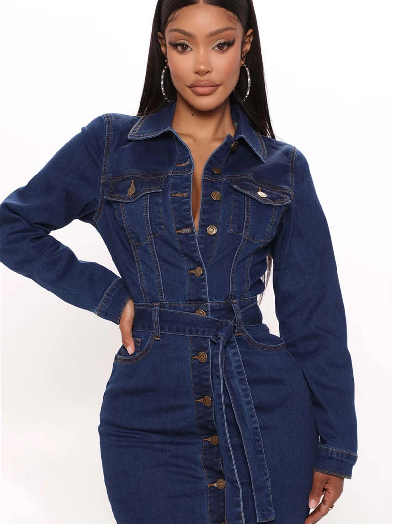 Vintage Denim Long Sleeve Button Up Bodycon Midi Jean Dress