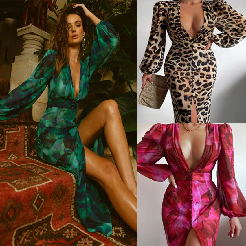 Assorted Leopard Floral Print Deep V-Neck Long Sleeve Maxi Dresses