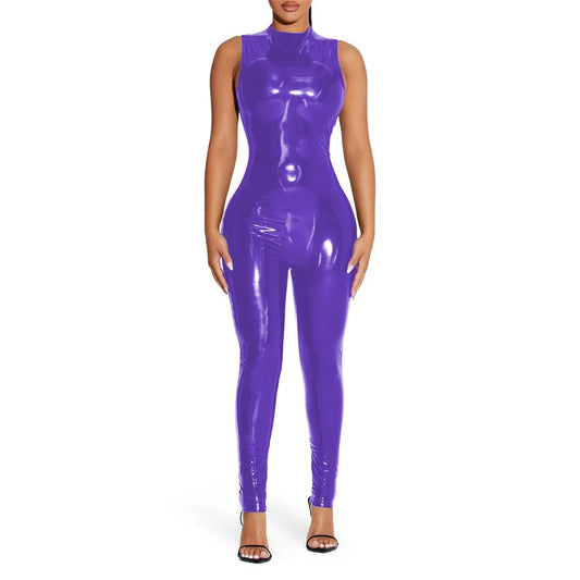 Shiny Solid Color Sleeveless PVC PU Leather Women's Pants Jumpsuit to 8X Plus Size