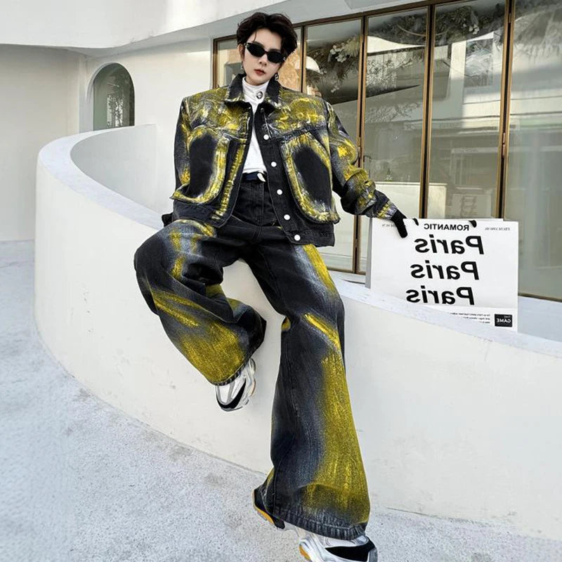 Men's Black/Yellow Colorblock Gradient Painted Design Denim Jean Jacket + Baggy Denim Jeans 2-Piece Set