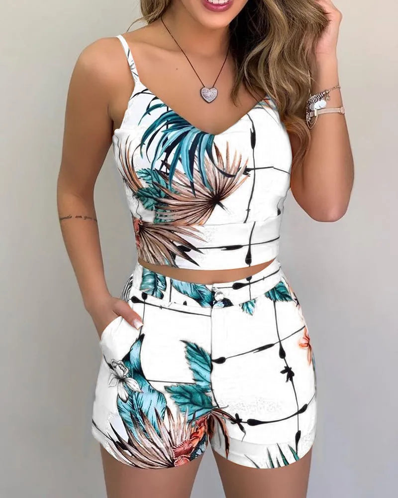 Tropical/Floral/Cherry/Striped Print Women's Crop Tank Top + Matching Shorts 2-Piece Set to 3X Plus Size