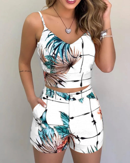 Tropical/Floral/Cherry/Striped Print Women's Crop Tank Top + Matching Shorts 2-Piece Set to 3X Plus Size