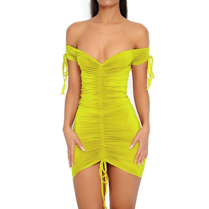 Ruched Drawstring Off Shoulder Deep V-Neck Mini Dress