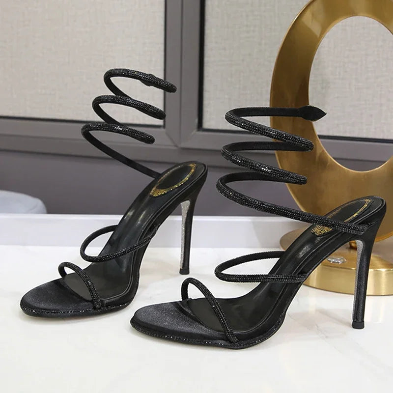 Metallic Spiral Ankle Strap Open Toe Thin Stiletto Heel Sandal Pumps