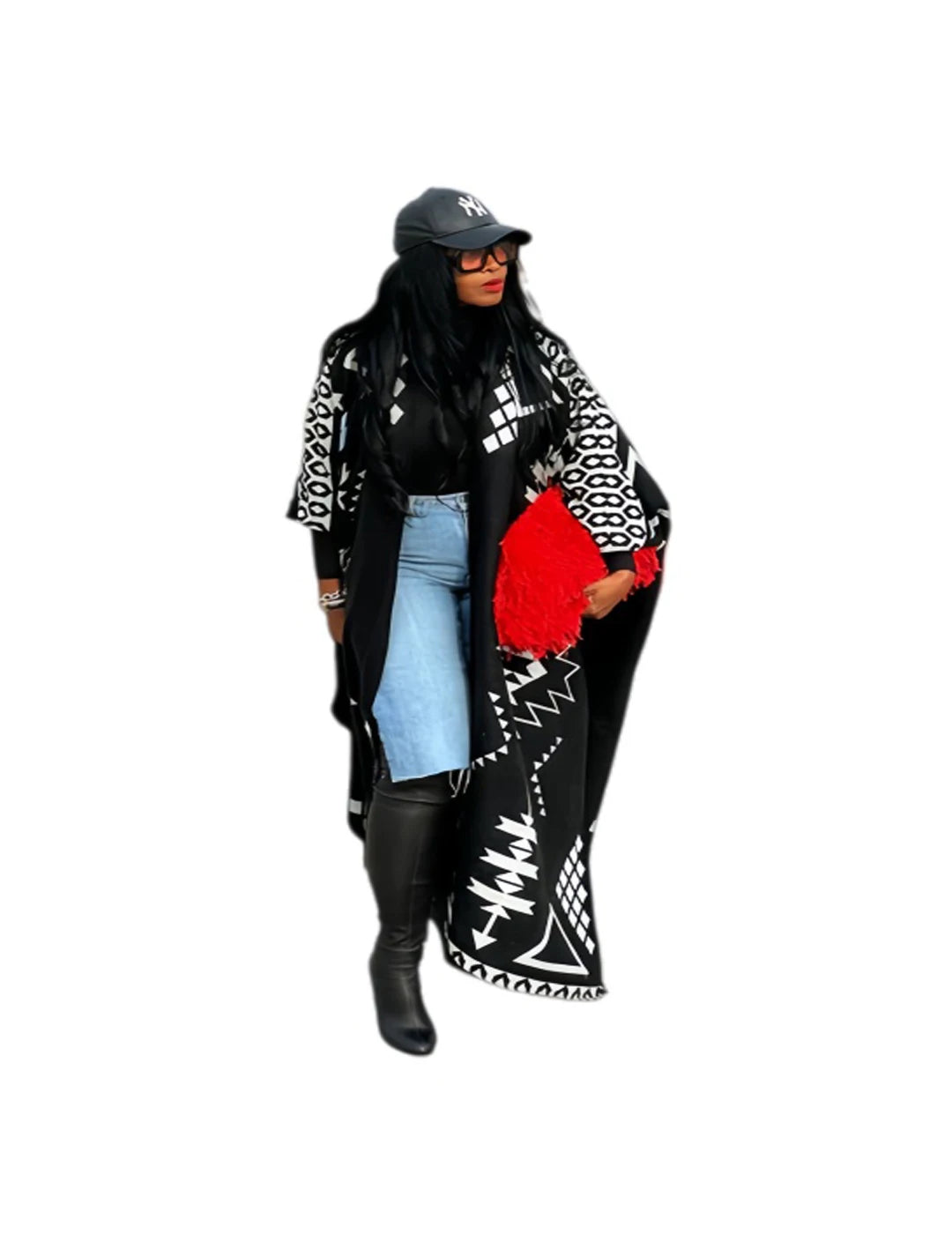 Black/White Cashmere Open Front Cardigan Kimono Tassel Fringe Women's Shawl Maxi Sweater