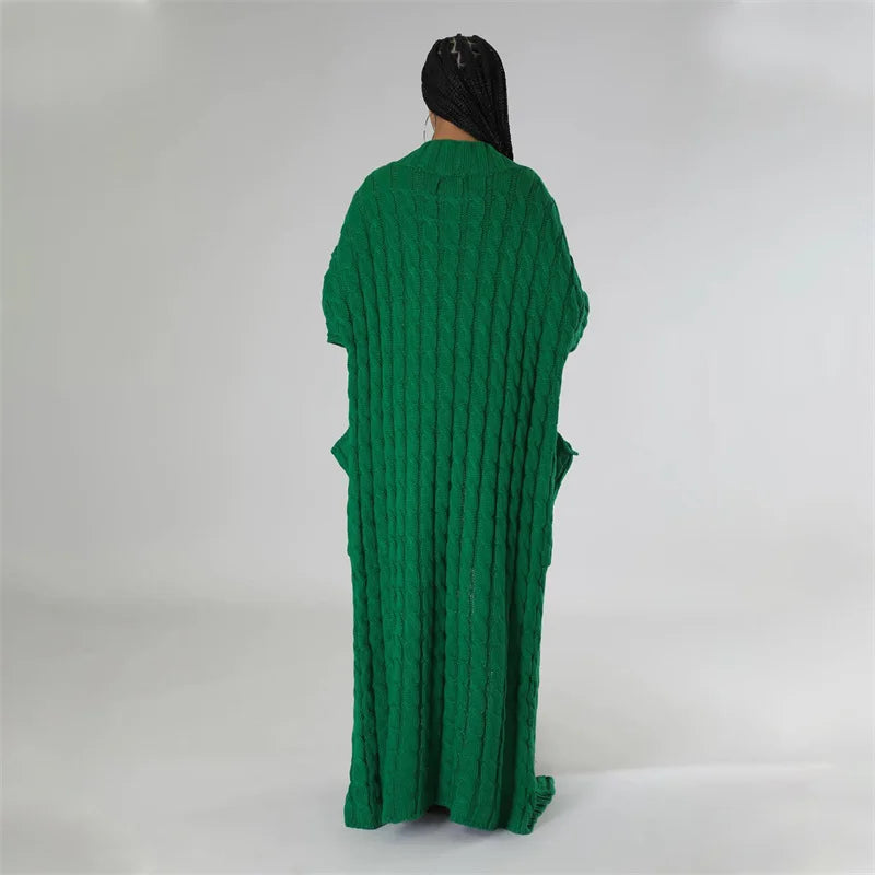 Knitted Weave Pattern Ribbed Maxi Cardigan Sweater