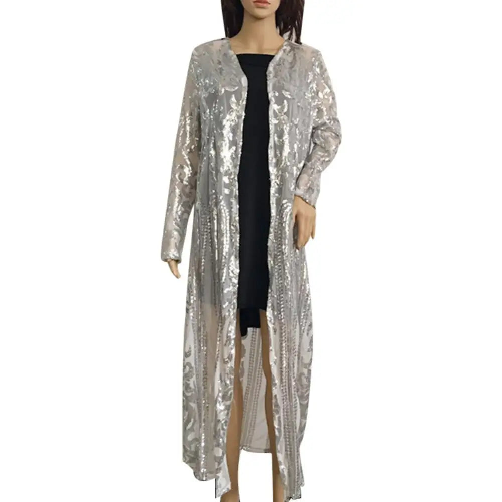 Vintage Metallic Women's Sequin Perspective Long Sleeve Maxi Cardigan