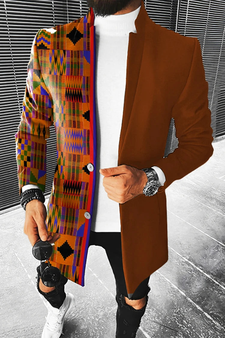 Men's Stand Collar Colorblock/Plaid/Geometric/African 3D Print 3/4 Length Button-Up Jacket 5X Big & Tall