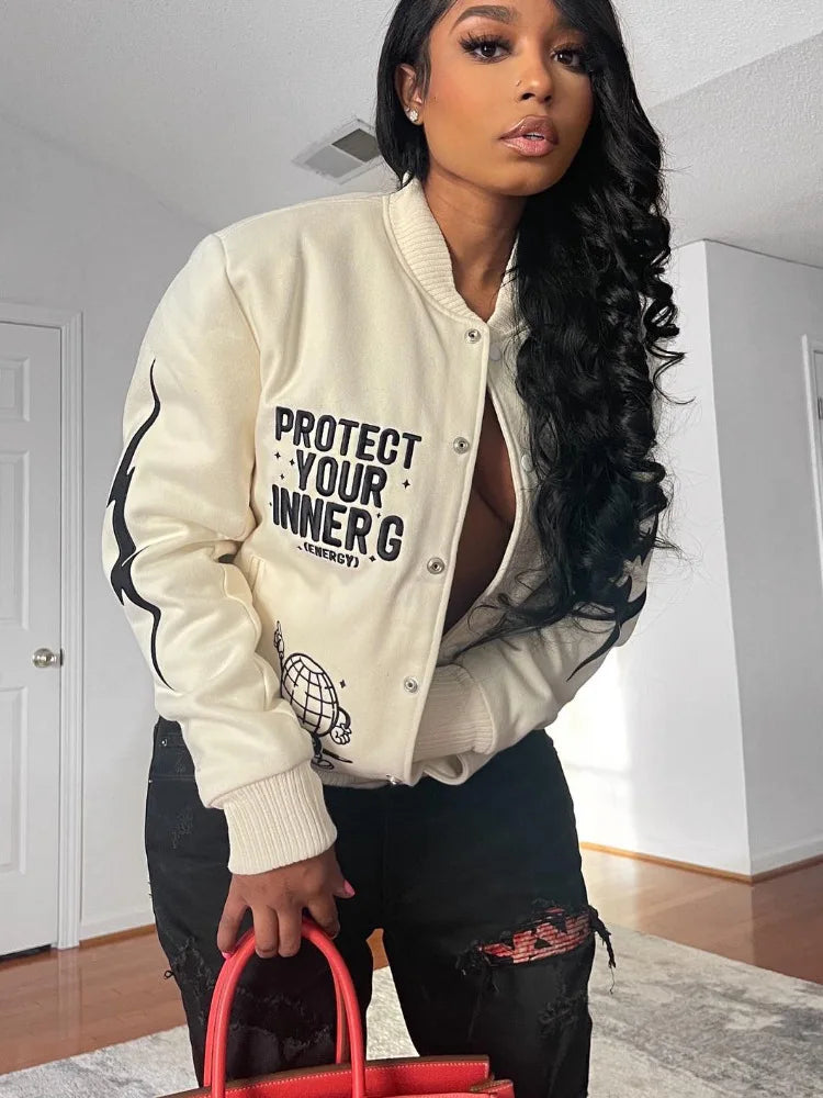 "Protect Your Energy, Watch Your Back" Printed Women's Button Up Baseball Jacket