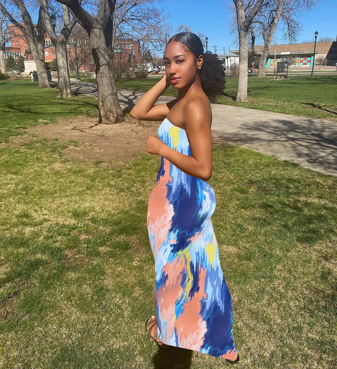 Sleeveless Tube Top Design/Long Sleeve Striped Colorblock Printed Bandage Skinny Maxi Dress