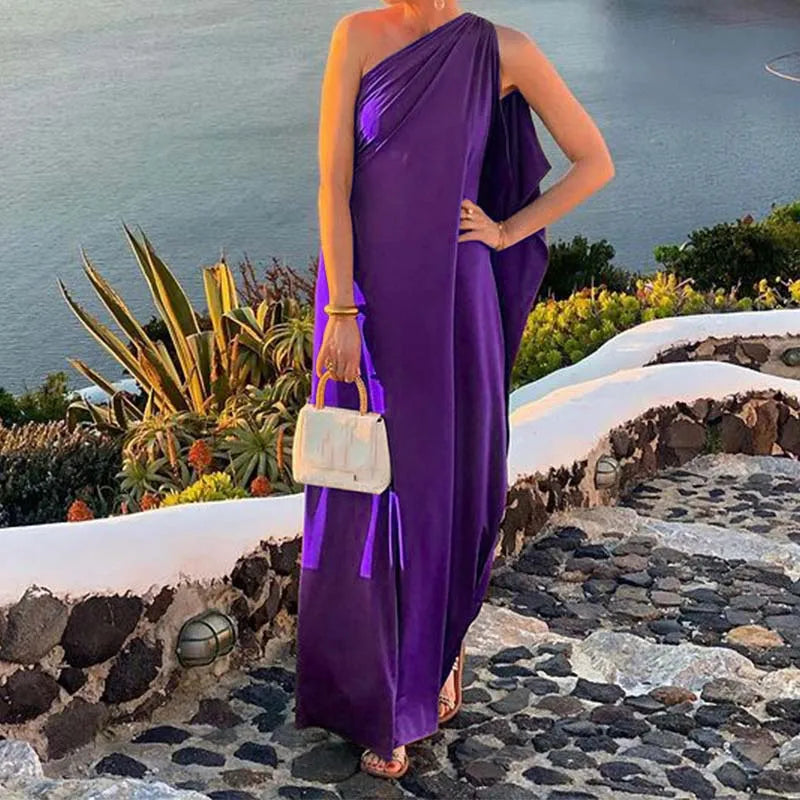 Satin Solid Color Asymmetrical Slant Neck Sleeveless Draped Shawl Loose Formal Party Maxi Dress