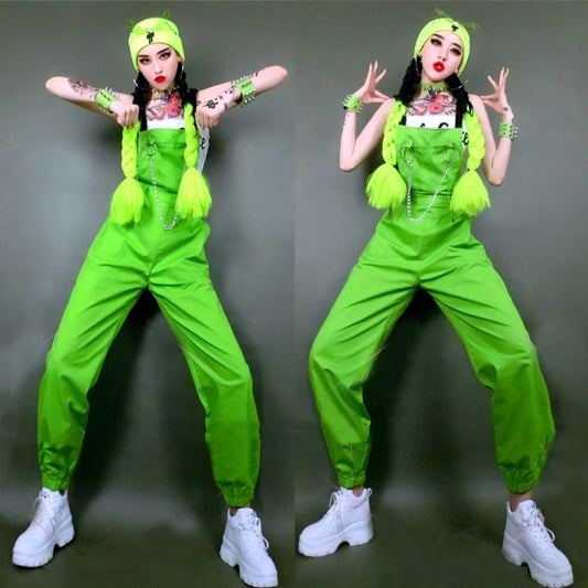Fluorescent Green Sleeveless Suspender Strap Women's Streetwear Overall Jumpsuit Hip-Hop Dance Costume