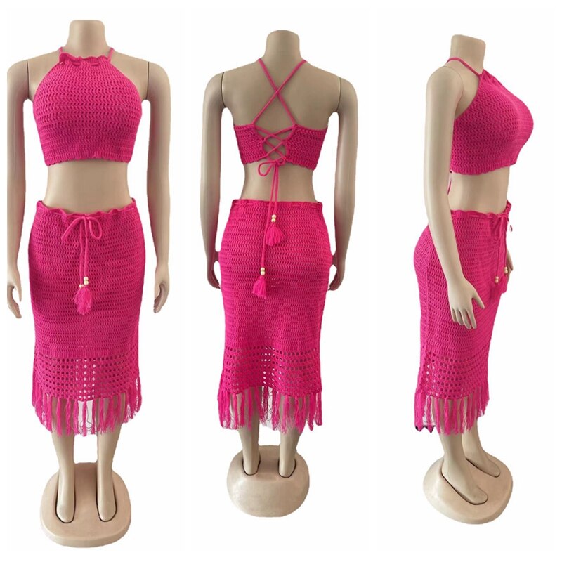 Crochet Halter Top + Tassel Knitted Skirt 2-Piece Set